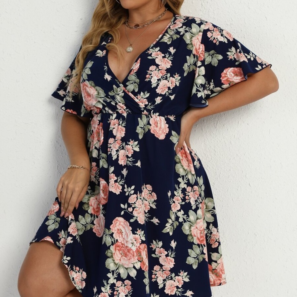 PLUS Boho Navy Blue Butterfly Sleeve Mini Dress Cottagecore - Picture 7 of 8